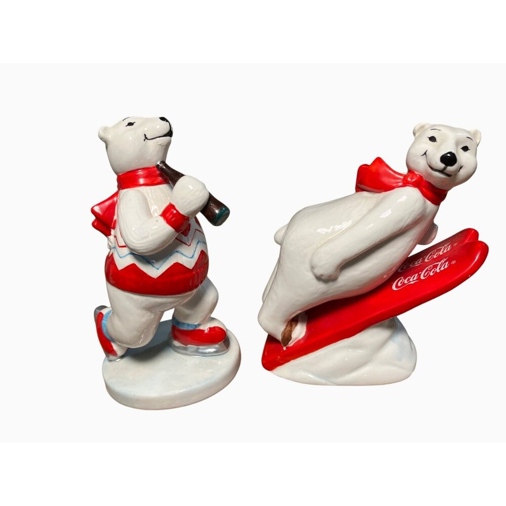 Coca-Cola Polar Bear Figurines Set   Ice Skating & Sledding  Holiday Decor